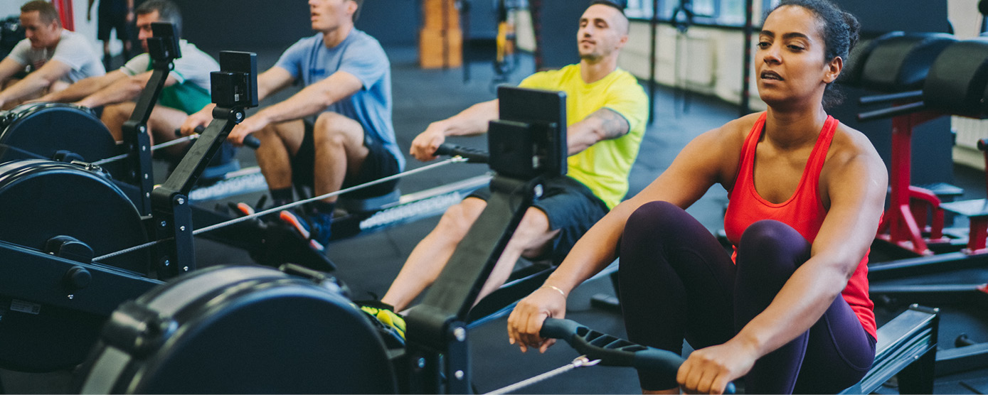group of people on indoor rowing machines